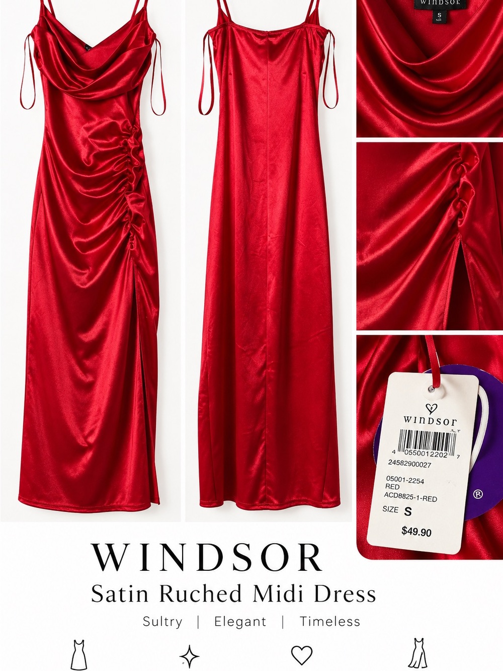 Windsor Red Satin Cowl Neck Ruched Midi Dress S NWT